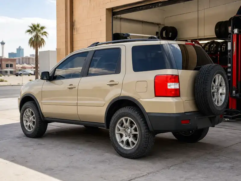 Sand-colored compact 4x4 with new tires