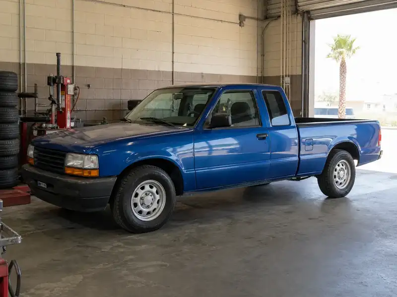Blue compact pickup with new tires